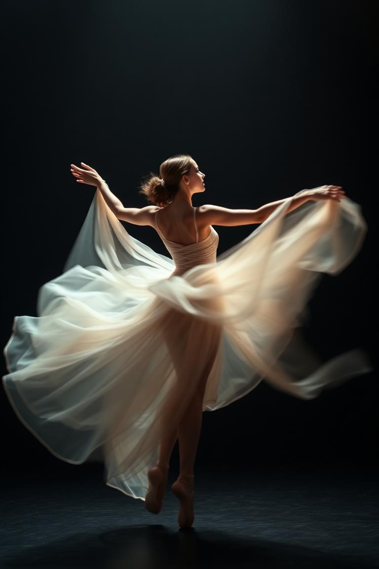 Ethereal ballerina in flowing silk, motion blur, dark studio, cinematic spotligh