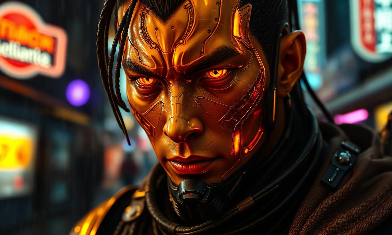 Hyper-realistic cinematic close up portrait of a cybernetic monk with molten gol