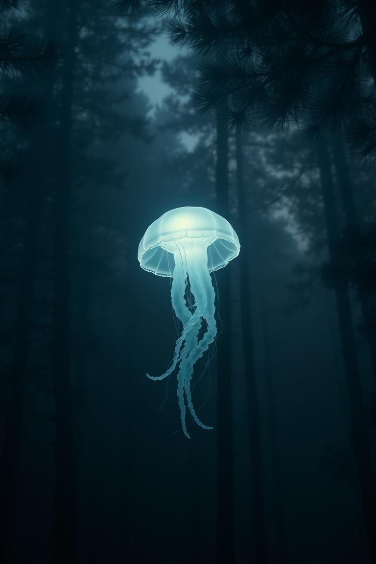 Cinematic portrait of a glowing bioluminescent jellyfish floating through a dens